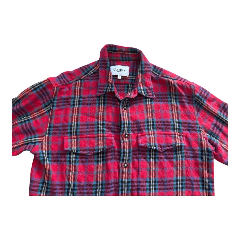 Corridor New York Men’s Red Plaid 100% Cotton Size L Long Sleeve Flannel Shirt - Picture 4 of 11